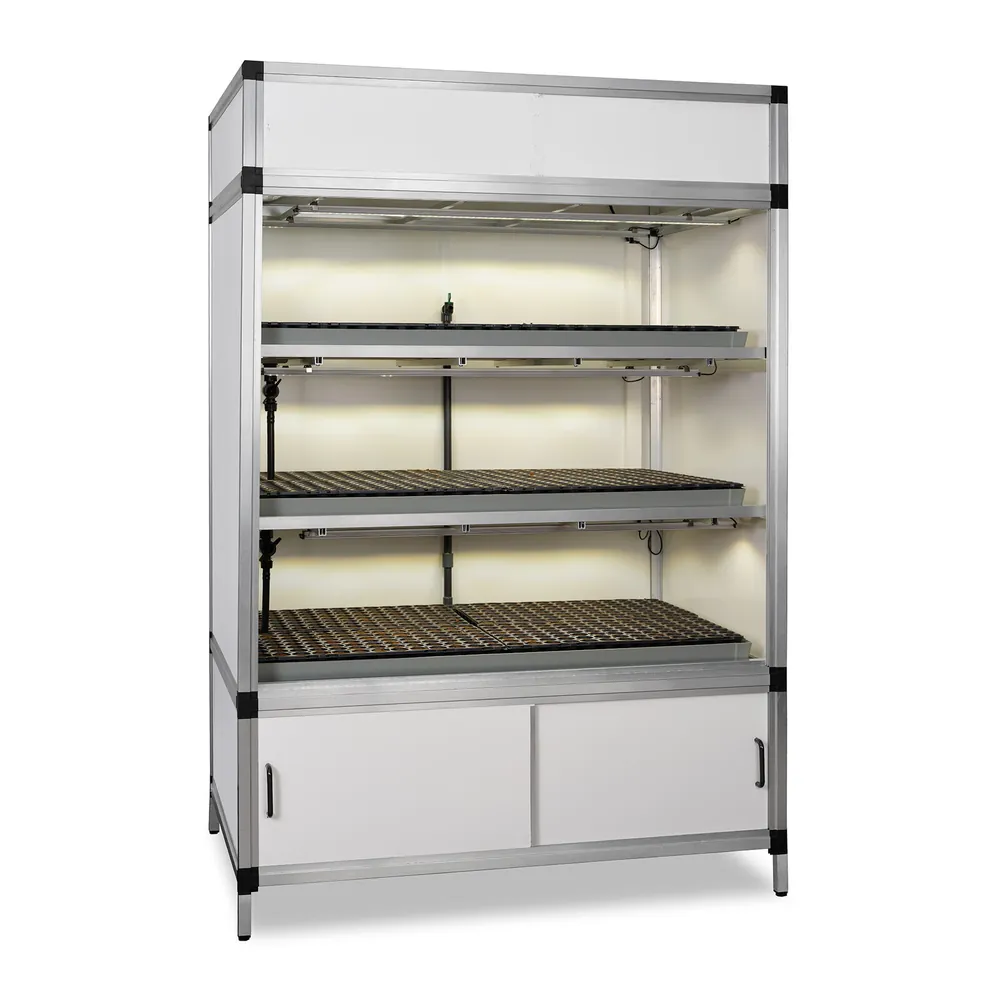 Metro Duo grow cabinet, doors open, showing the 3 shelves of grow trays under Sanlight Flex II LED bars