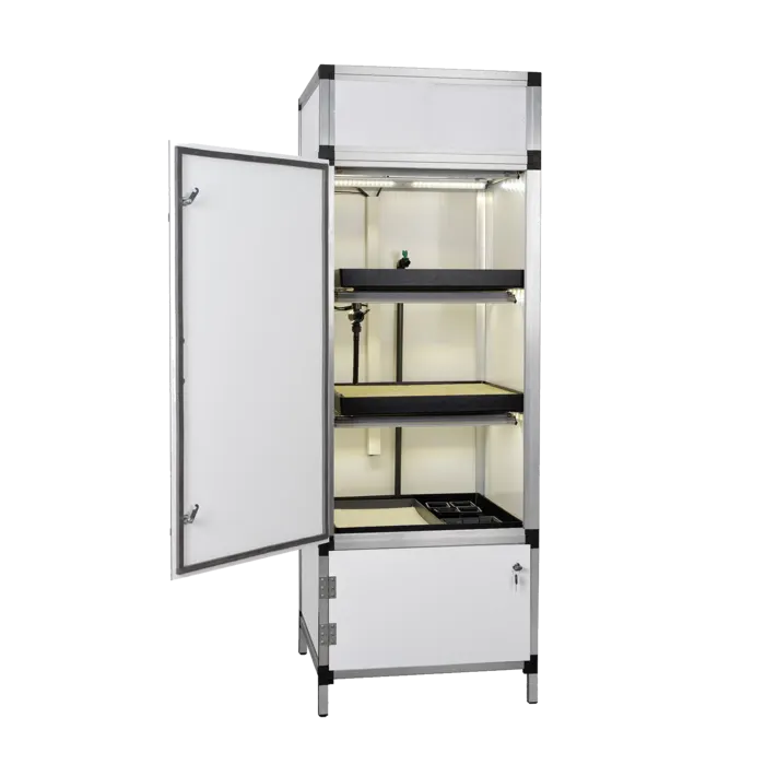 Metro Solo grow cabinet, door open, product cutout showing the 3 lit shelves and ebb & flow irrigation tray
