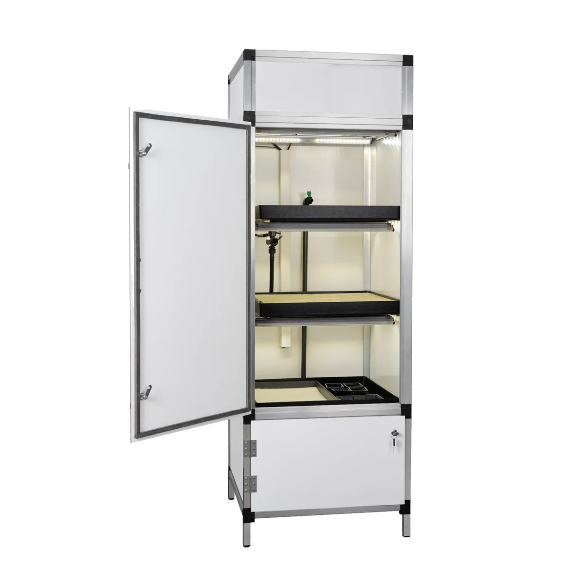 Metro Solo grow cabinet, door open, product cutout showing the 3 lit shelves and ebb & flow irrigation tray