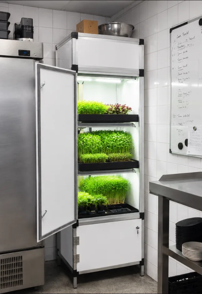 Metro Solo grow cabinet in a café kitchen, door open showing microgreens on 3 lit shelves — visualisation